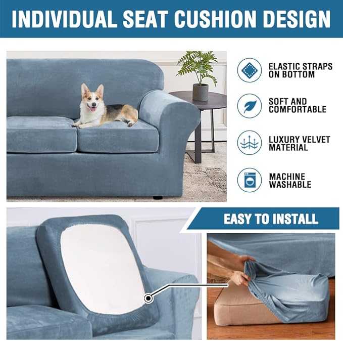 H.VERSAILTEX Modern Velvet Plush 4 Piece High Stretch Sofa Slipcover Sofa Cover Furniture Protector Form Fit Luxury Thick Velvet Sofa Cover for 3 Cushion Couch Width Up to 90 Inch (Sofa,Stone Blue)