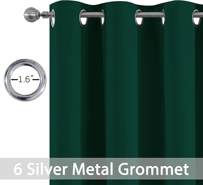 Yakamok Dark Green Blackout Curtains for Bedroom, Room Darkening Thermal Insulated Grommet Window Curtains, Light Blocking Blackout Drapes for Living Room,38Wx63L inch,2 Panels