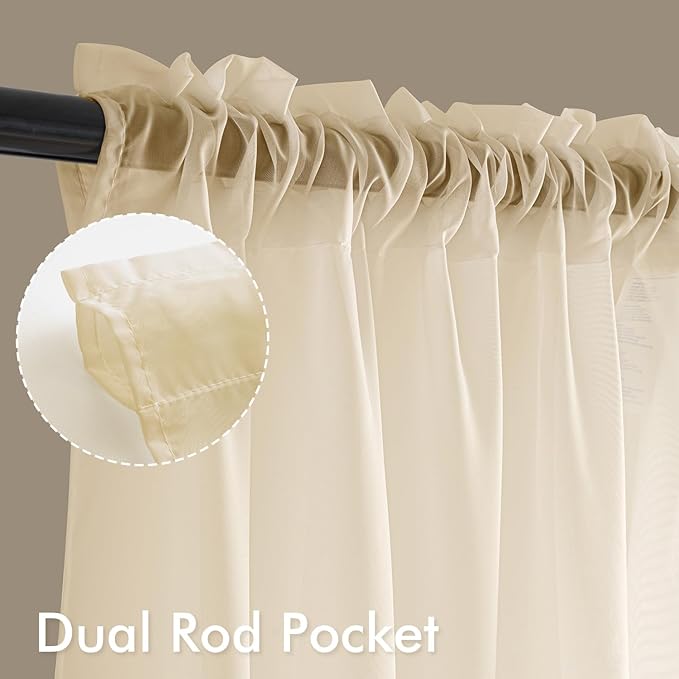 MIULEE Butter Cream Sheer Curtains 96 Inches Long, 4 Panels Set, Rod Pocket Voile Drapes Light Filtering and Semi Transparent, Elegant Window Treatments for Bedroom Living Room,54 x 96 Inches