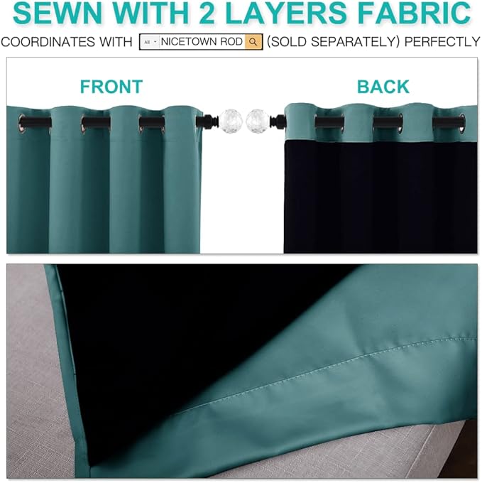 NICETOWN 100% Blackout Blinds, Laundry Room Decor Window Treatment Curtains, Thermal Insulated Energy Smart Drapes and Draperies for Villa, Hall and Studio, Sea Teal, Set of 2, 52 inches x 95 inches