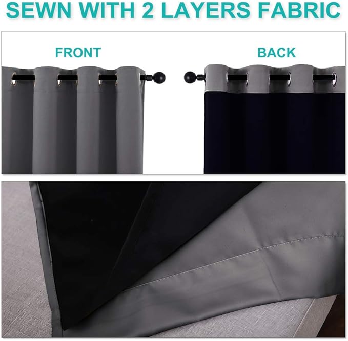 NICETOWN Grey Full Shade Curtain Panels, 37" Wide x 70" Long, Gray, Pair of Thermal Insulated & Energy Efficiency Blackout Curtains for Living Room Windows, Lined Silky Performance Window Dressing