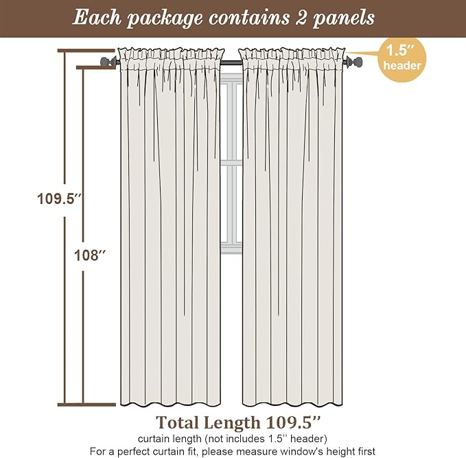Chyhomenyc Sheer Curtains 108 Inch Length 2 Panels Set - Extra Long Light Filtering Solid Voile Window Drapes for Living Room Bedroom, 42Wx108L, 9FT Length, Light Yellow