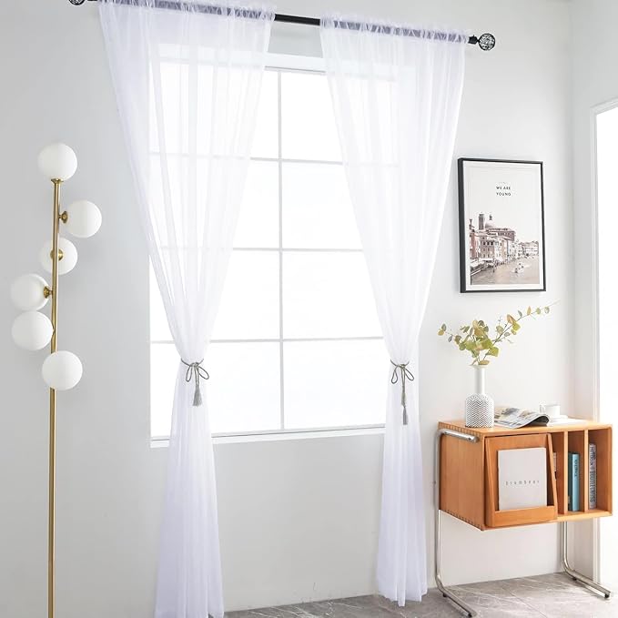 SpaceDresser Sheer Voile Window Treatment Rod Pocket Curtain Panels for Kitchen Bedroom Living Room Drapes Sunlight Filtering Privacy Semi Home Decor Assorted Colors Sizes (Optical White, 52 W x 96 L)