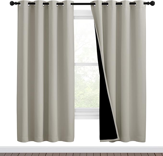 NICETOWN 100% Blackout Window Curtain Panels, Full Light Blocking Drapes with Black Liner for Nursery, 72-inch Drop Thermal Insulated Draperies (Natural, 2 Pieces, 46-inch Wide Per Panel)