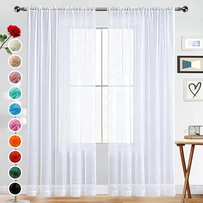 SpaceDresser Basic Rod Pocket Sheer Voile Window Curtain Panels White 1 Pair 2 Panels 70 Width 108 Inch Long for Kitchen Bedroom Children Living Room Yard(White,70 W x 108 L)