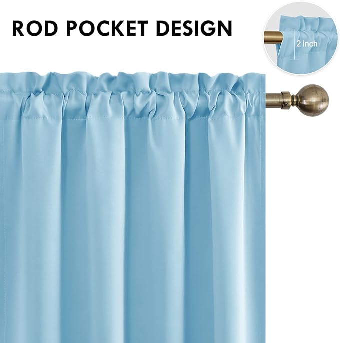 DWCN Blackout Curtains Room Darkening Thermal Insulated Bedroom Curtains Window Curtain Panels, 52 x 63 inches Long, Set of 2 Light Blue Rod Pocket Drapes