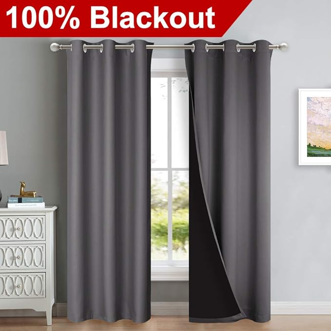 NICETOWN Grey Full Shade Curtain Panels, Pair of Thermal Insulated & Energy Efficiency Blackout Curtains for Living Room Windows, Lined Silky Window Dressing (42-inch Wide x 84-inch Long, Gray)