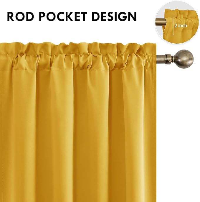 DWCN Blackout Curtains Room Darkening Thermal Insulated Bedroom Curtains Window Curtain Panels, 52 x 63 inches Long, Set of 2 Yellow Rod Pocket Drapes