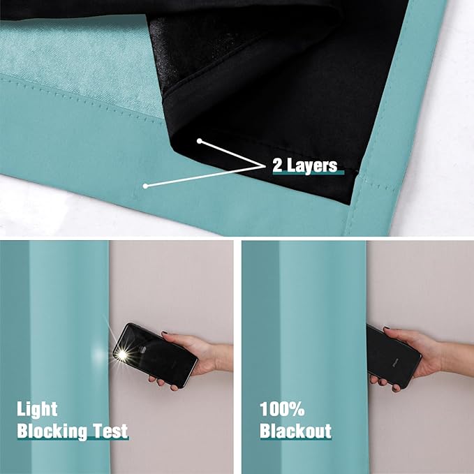 ChrisDowa 100% Blackout Curtains 72 inch Long for Bedroom with Black Liner, 2 Thick Layers Total Blackout Thermal Insulated Grommet Window Curtains 2 Panels Set (Aqua, 52 x 72 Inch)