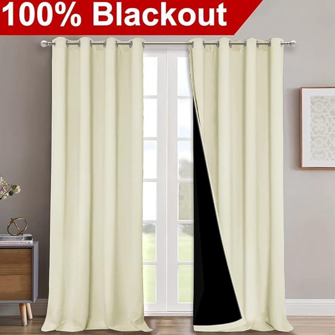 NICETOWN 100% Blackout Blinds, Set of 2, 46" x 96", Beige, Laundry Room Decor Window Treatment Curtains for Large Patio Sliding Door, Thermal Insulated Curtains for Bedroom