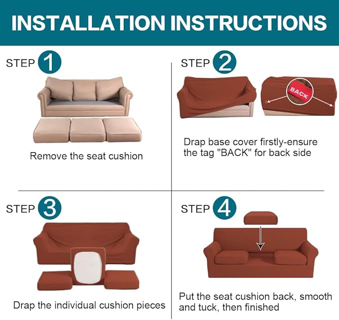 Turquoize 4 Piece Sofa Covers for 3 Cushion Couch Sofa Slipcover Soft Couch Cover for Dogs-Washable Sofa Furniture Covers with 3 Individual Large Cushion Covers (XL Sofa, Rust)