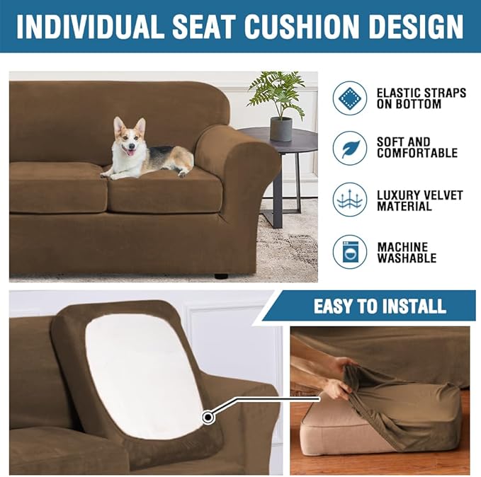 H.VERSAILTEX Rich Velvet Stretch 2 Piece Cover Chair Slipcover Sofa Cover Furniture Protector Couch Soft with Elastic Bottom Chair Couch Cover Width Up to 49 Inch (Chair, Bronze Brown)