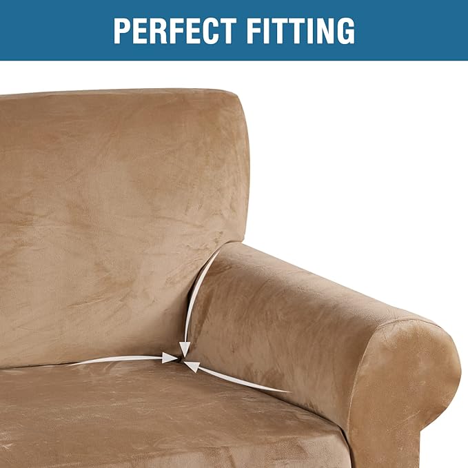 H.VERSAILTEX Stretch Velvet Sofa Covers for 3 Cushion Couch Covers Sofa Slipcovers Furniture Protector Soft with Non Slip Elastic Bottom, Crafted from Thick Comfy Rich Velour (Sofa 72"-90", Camel)