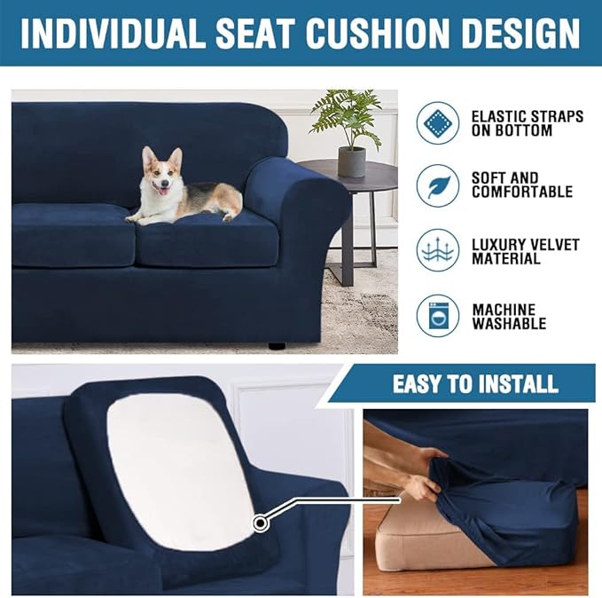 H.VERSAILTEX Velvet 4 Piece High Stretch Sofa Slipcover Sofa Cover Furniture Protector Form Fit Luxury Thick Velvet Extra Large Sofa Cover for 3 Cushion Couch Width Up to 105 Inch (XL Sofa, Navy)