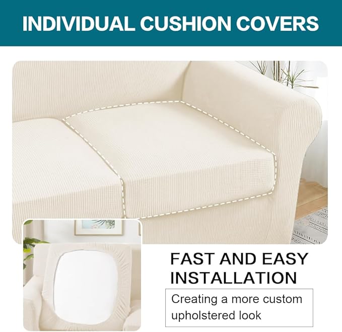 Turquoize 4 Piece Sofa Covers for 3 Cushion Couch Sofa Slipcover Soft Couch Cover for Dogs Washable Furniture Cover with 3 Individual Large Cushion Covers Feature Fabric (Large Sofa, Cream)