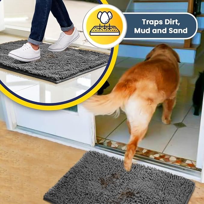 Muddy Mat® | Super Absorbent Door Mat Indoor, Microfiber Quick Dry Chenille Entryway Rug, Non-Slip Front Door Mat, Indoor Mats for Entryway, Machine Washable Pet Rug, Grey XXL 60"X48"