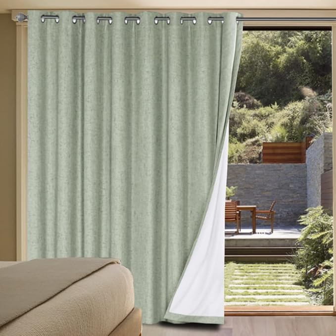 H.VERSAILTEX Linen Blackout Curtains Durable Thick Textured Linen Look 100% Blackout Patio Door Curtain Anti Rust Grommet Extra Wide Sliding Door Curtain Panel, W100 x L84 inch - Sage