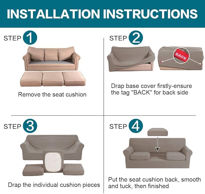 Turquoize 4 Piece Sofa Covers for 3 Cushion Couch Sofa Slipcover Soft Couch Cover for Dogs-Washable Sofa Furniture Covers with 3 Individual Large Cushion Covers, Feature Thick Fabric (XL Sofa, Taupe)