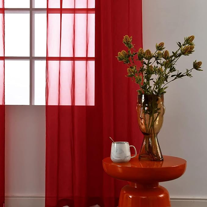 SpaceDresser Christmas Red Sheer Curtains 4 Panels Rod Pocket Semi-Sheer Curtain 45 Inches Long Light Filtering Voile Window Drapes for Bedroom Living Room Kitchen, Each 52W x 45L