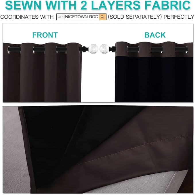 NICETOWN Cold Blocking 100% Blackout Curtains, Durable Black Lined Blackout Curtains for Bedroom, Energy Saving Long Curtains for Patio Sliding Glass Door, Brown, 52 inches x 95 inches, 2 Panels