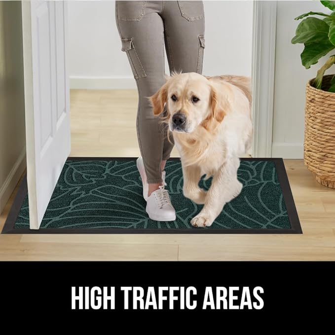 GORILLA GRIP 100% Waterproof All-Season WeatherMAX Doormat 35x23, US Designed Natural Rubber, Stain and Fade Resistant, Low Profile Indoor Outdoor Door Mats, Easy Clean Patio Mat, Green Palm