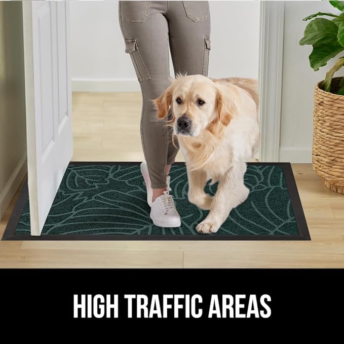GORILLA GRIP 100% Waterproof All-Season WeatherMAX Doormat, 34x58, US Designed Natural Rubber, Stain and Fade Resistant, Low Profile Indoor Outdoor Door Mats, Easy Clean Patio Mat, Green Palm