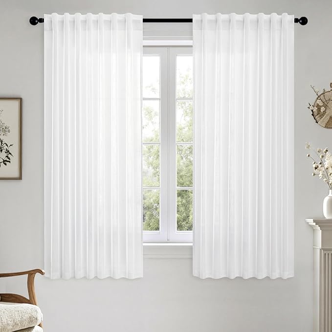 MIULEE White Linen Curtains Short 45 Inch Length 2 Panels for Kitchen Bedroom, Soft Thick Linen Textured Window Drapes Semi Sheer Light Filtering Back Tab Rod Pocket Burlap Look Decor