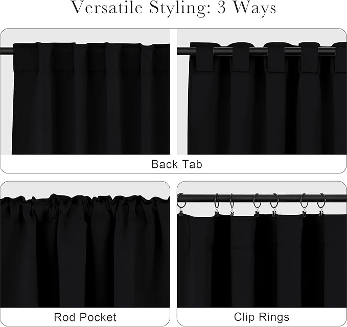 PONY DANCE Blackout Curtains for Bathroom - Solid Light Window Decor for Kitchen/Bedroom,RV Drapes for Camper Windows, 34x45 inch, 2 Curtain Panels, Black