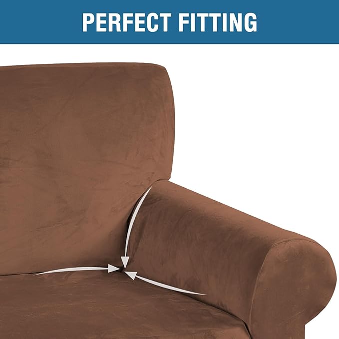 H.VERSAILTEX Stretch Velvet Sofa Covers for 3 Cushion Couch Covers Furniture Protector Soft with Non Slip Elastic Bottom, Crafted from Thick Comfy Rich Velour (Large Sofa 90"-97", Caramel)