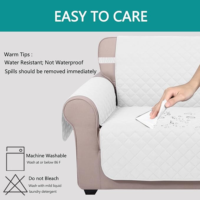 U-NICE HOME Loveseat Sofa Cover Reversible Couch Cover for Dogs with Elastic Straps Water Resistant Furniture Protector for Pets Couch Cover for 2 Cushion Couch (Loveseat, White/White)