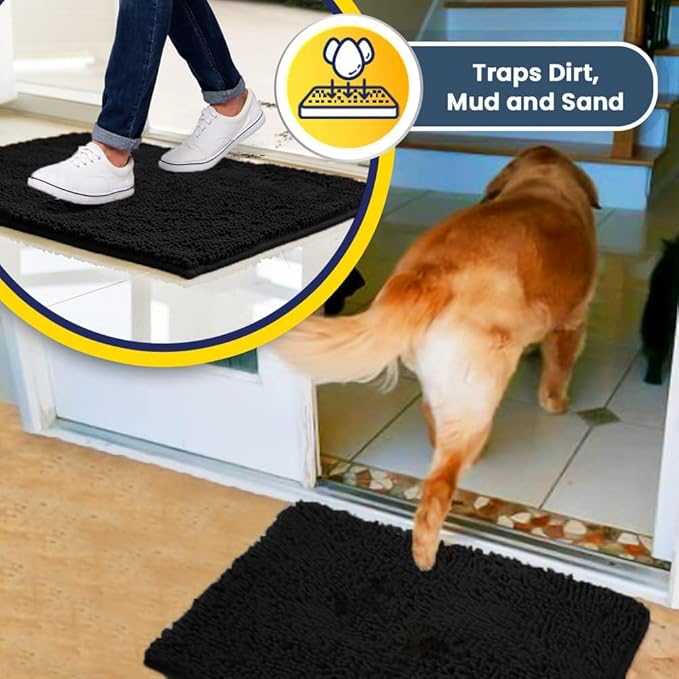 Muddy Mat® | Super Absorbent Door Mat Indoor, Microfiber Quick Dry Chenille Entryway Rug, Non-Slip Front Door Mat, Indoor Mats for Entryway, Machine Washable Pet Rug, Black 24"x36"