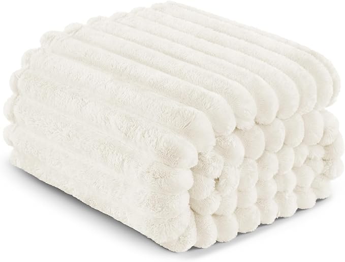 Exclusivo Mezcla King Size Flannel Fleece Blanket, Super Soft Striped Jacquard Bed Blanket, Lightweight Fuzzy Cozy for All Seasons, 90x104 Inches, Ivory