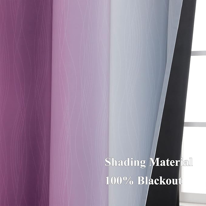 Estelar Textiler Purple and Grey Ombre Blackout Curtains 90 Inches Long 2 Panels Set, Thermal Insulated Drapes for Bedroom,Full Light Blocking Grommet Gradient Curtains for Living Room, 52Wx90L