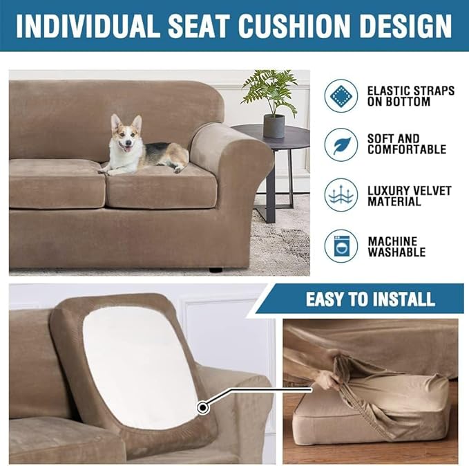 H.VERSAILTEX Real Velvet Plush 3 Piece Stretch Sofa Covers Couch Covers for 2 Cushion Couch Sofa Slipcovers Width Up to 90 Inch Feature Thick Soft Stay in Place (Large Sofa, Camel)