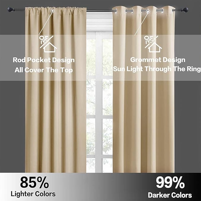 RYB HOME 54 inch Curtains for Living Room, Rod Pocket Thermal Insulated Small Window Drapes Room Darkening Shades for Bedroom Studio Dorm, W 42 x L 54 inch, Set of 2 Panels, Biscotti Beige