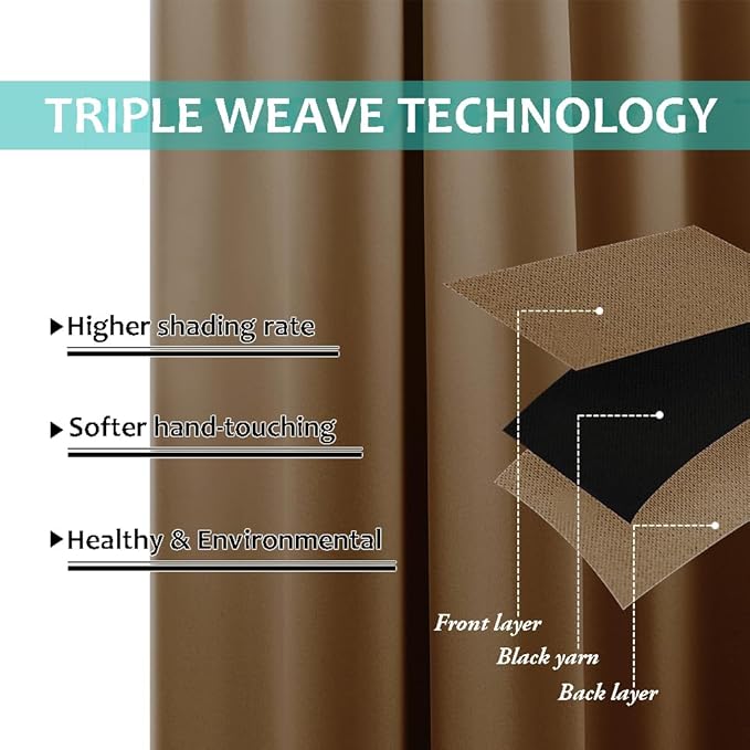 NICETOWN 100% Blackout Window Curtain Panels, Gold Brown, 2 Pieces, 42-inch Wide Per Panel, Full Light Blocking Drapes with Black Liner for Nursery, 72-inch Drop Thermal Insulated Draperies
