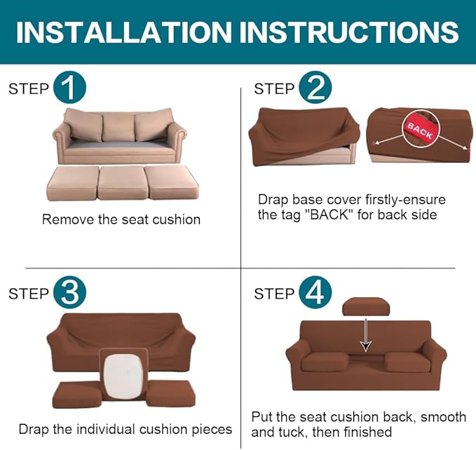 Turquoize 4 Piece Sofa Covers for 3 Cushion Couch Slipcover Soft Cover Dogs-Washable Furniture with Individual Covers,Feature Jacquard Fabric(3 Cushion Sofa, Caramel)
