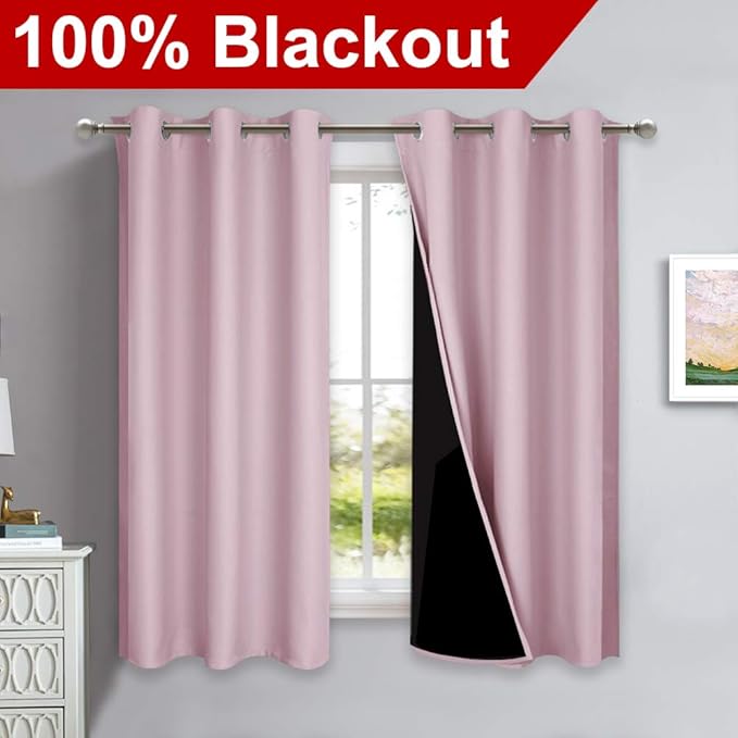 NICETOWN 100% Blackout Short Curtains with Black Liners, 2 Panels, 37" W by 63" L, Baby Pink, Solid Thermal Insulated Full Blackout 2-Layer Lined Drapes, Energy Efficiency Window Draperies for Bedroom