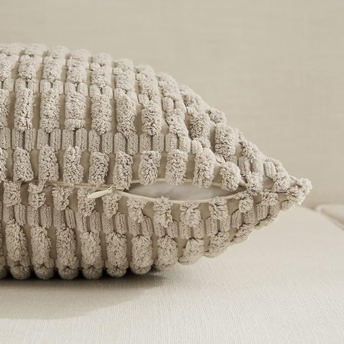 Fancy Homi Set of 4 Grey and White Decorative Throw Pillow Covers 14x14 Inch for Couch Bed Chair, Modern Farmhouse Boho Room Decor, Soft Fuzzy Double Sided Corduroy Textured Striped Cushion Case 35cm
