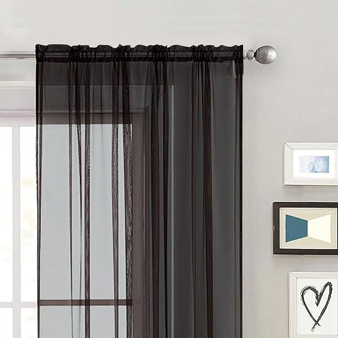 SpaceDresser Black Sheer Curtains 4 Panels Rod Pocket Semi-Sheer Curtain 63 Inches Long Light Filtering Voile Window Drapes for Bedroom Living Room Kitchen, Each 52W x 63L