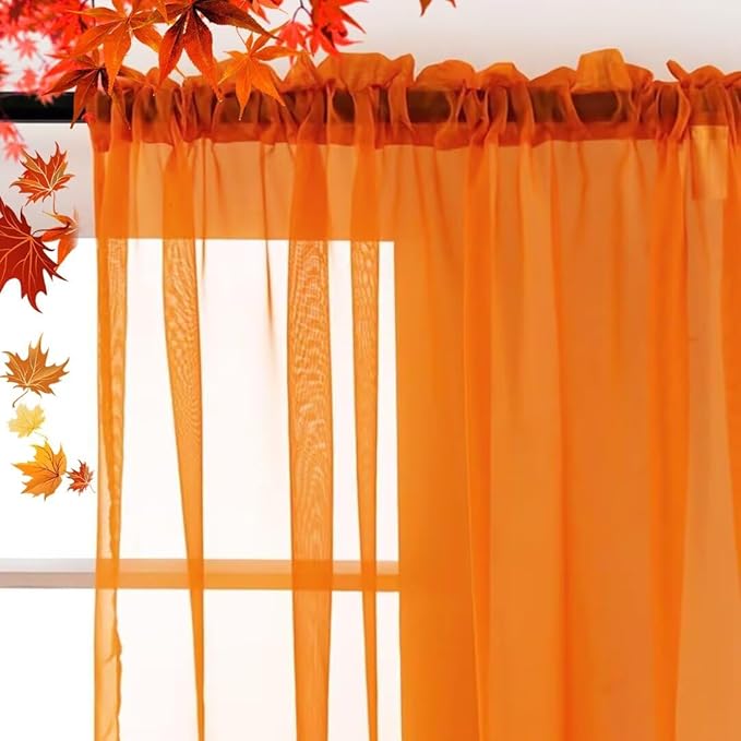 SpaceDresser Basic Rod Pocket Sheer Voile Window Curtain Panels Orange 2 Panels 52 Width 54 Inch Long for Kitchen Bedroom Children Living Room Yard(Orange,52 W x 54 L)
