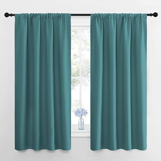 NICETOWN Window Curtains for Bedroom, Sea Teal, 2 Panels, W42 x L48 -Inch, Home Decoration Thermal Insulated Rod Pocket Blackout Blinds & Drapes for Small Windows