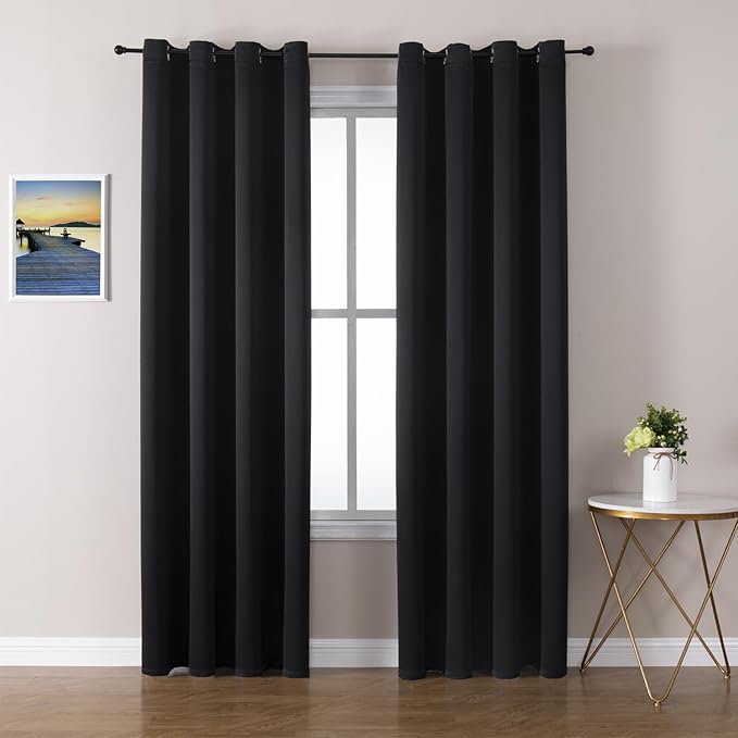 ChrisDowa Blackout Curtains 90 Inches Long 2 Panels Set for Living Room, Grommet Thermal Insulated Room Darkening Curtains for Bedroom (Black, 52 x 90 Inch)
