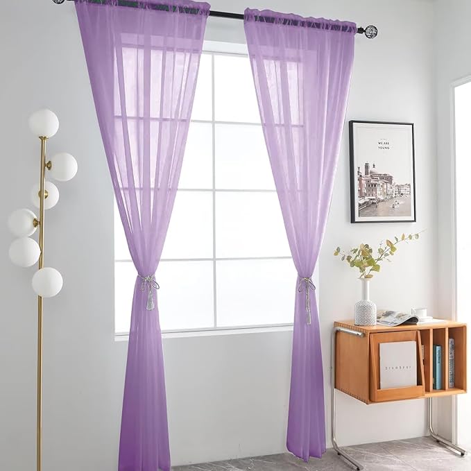 SpaceDresser Lavender Sheer Curtains 4 Panels Rod Pocket Semi-Sheer Curtain 90 Inches Long Light Filtering Voile Window Drapes for Bedroom Living Room Kitchen, Each 52W x 90L