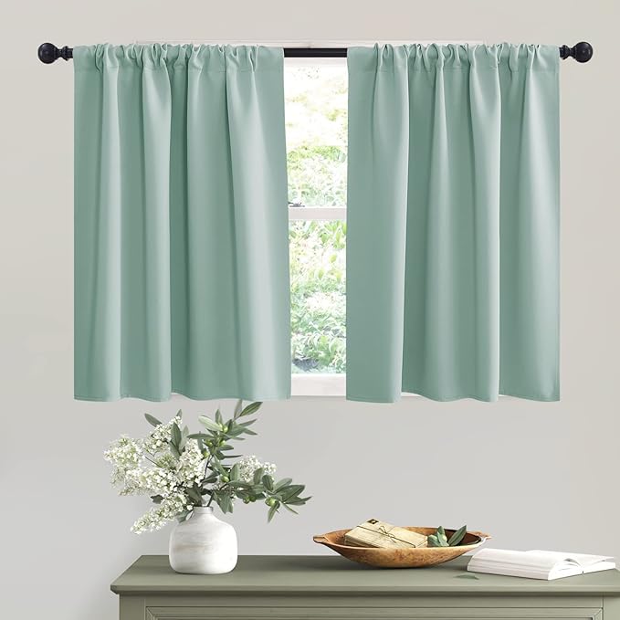 RYB HOME Blackout Privacy Bathroom Window Curtains, Short Thermal Insulated Heat Blocking Privacy Rod Pocket Half Window Curtain Tiers for Nursery Bedroom, Width 42 by Length 30, Aqua, 2 Panels