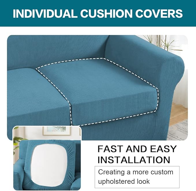 Turquoize 4 Piece Sofa Covers for 3 Cushion Couch Sofa Slipcover Soft Couch Cover for Dogs-Washable Sofa Furniture Covers with 3 Individual Large Cushion Covers, Feature Fabric (XL Sofa, Storm Blue)