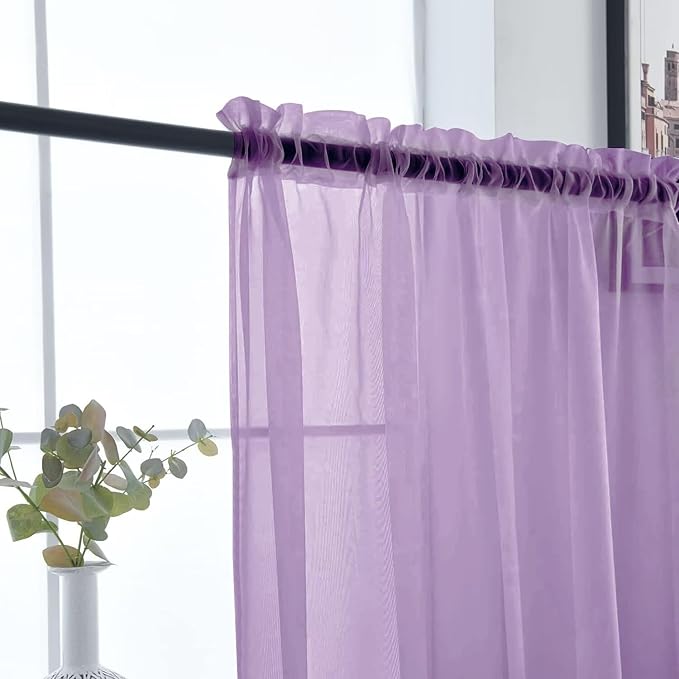 SpaceDresser Sheer Voile Window Treatment Rod Pocket Curtain Panels for Kitchen Bedroom Living Room Drapes Sunlight Filtering Privacy Semi Home Decor Assorted (Lavender, 52 W x 72 L)