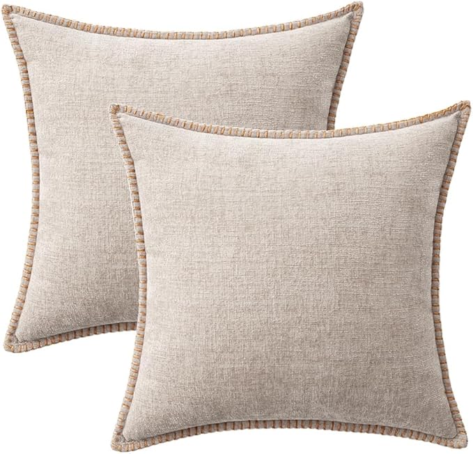 MIULEE Pack of 2 Couch Throw Pillow Covers 20x20 Inch Natural Beige Farmhouse Decorative Pillow Covers with Stitched Edge Taupe Soft Chenille Solid Dyed Pillow Covers for Sofa Bed Living Room