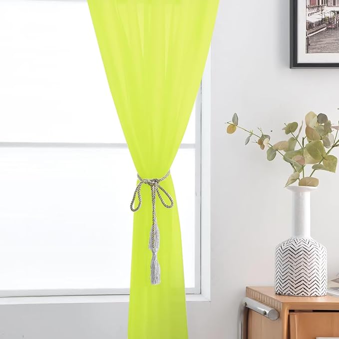SpaceDresser Basic Rod Pocket Sheer Voile Window Curtain Panels Chartreuse 1 Pair 2 Panels 52 Width 45 Inch Long for Kitchen Bedroom Children Living Room Yard（Chartreuse, 52W x 45L）
