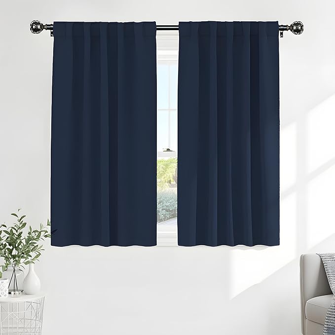 PONY DANCE Blackout Kitchen Curtains - Window Drapes Rod Pocket & Back Tab Energy Efficient Curtain Panels Home Decor for Kids' Room, 42-inch Wide by 45 Long, Navy Blue, 2 PCs